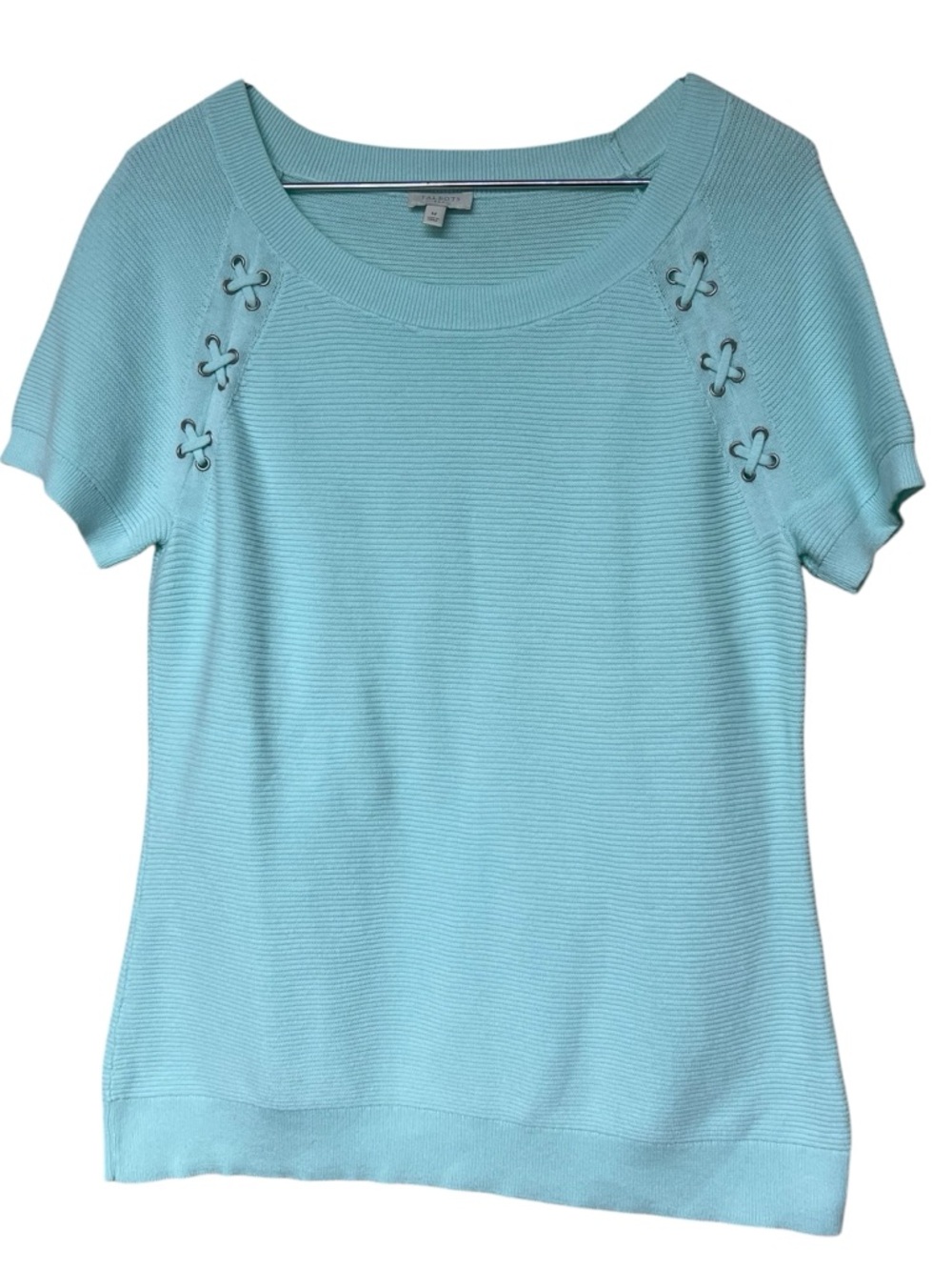 Talbots light blue ribbed scoop neck knit short sleeve top grommet shoulder